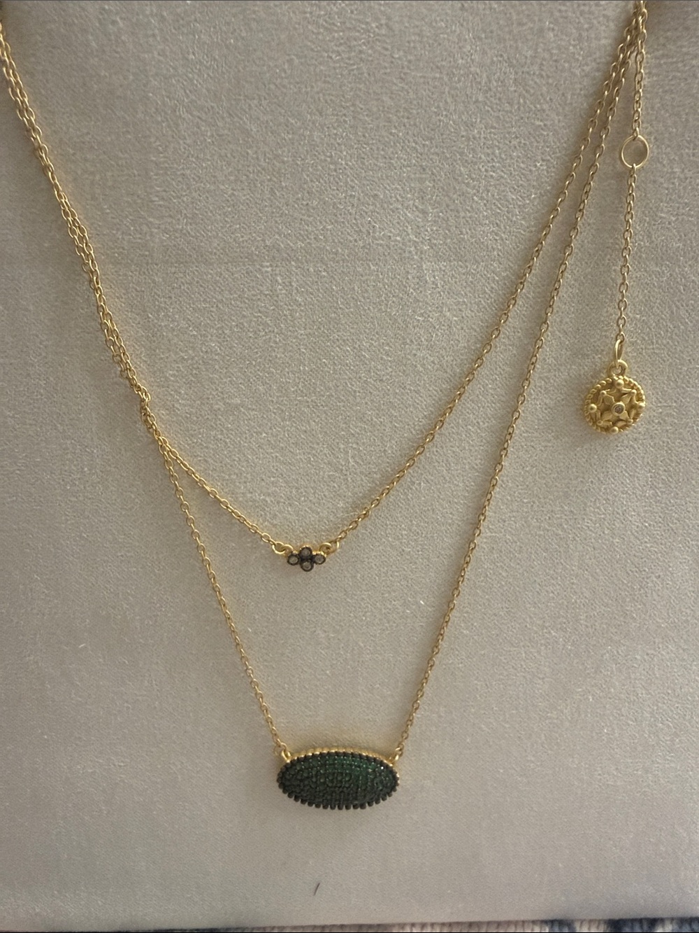 Gold-Tone Layered Necklace with Green Pavé Oval Pendant and Accent Charm